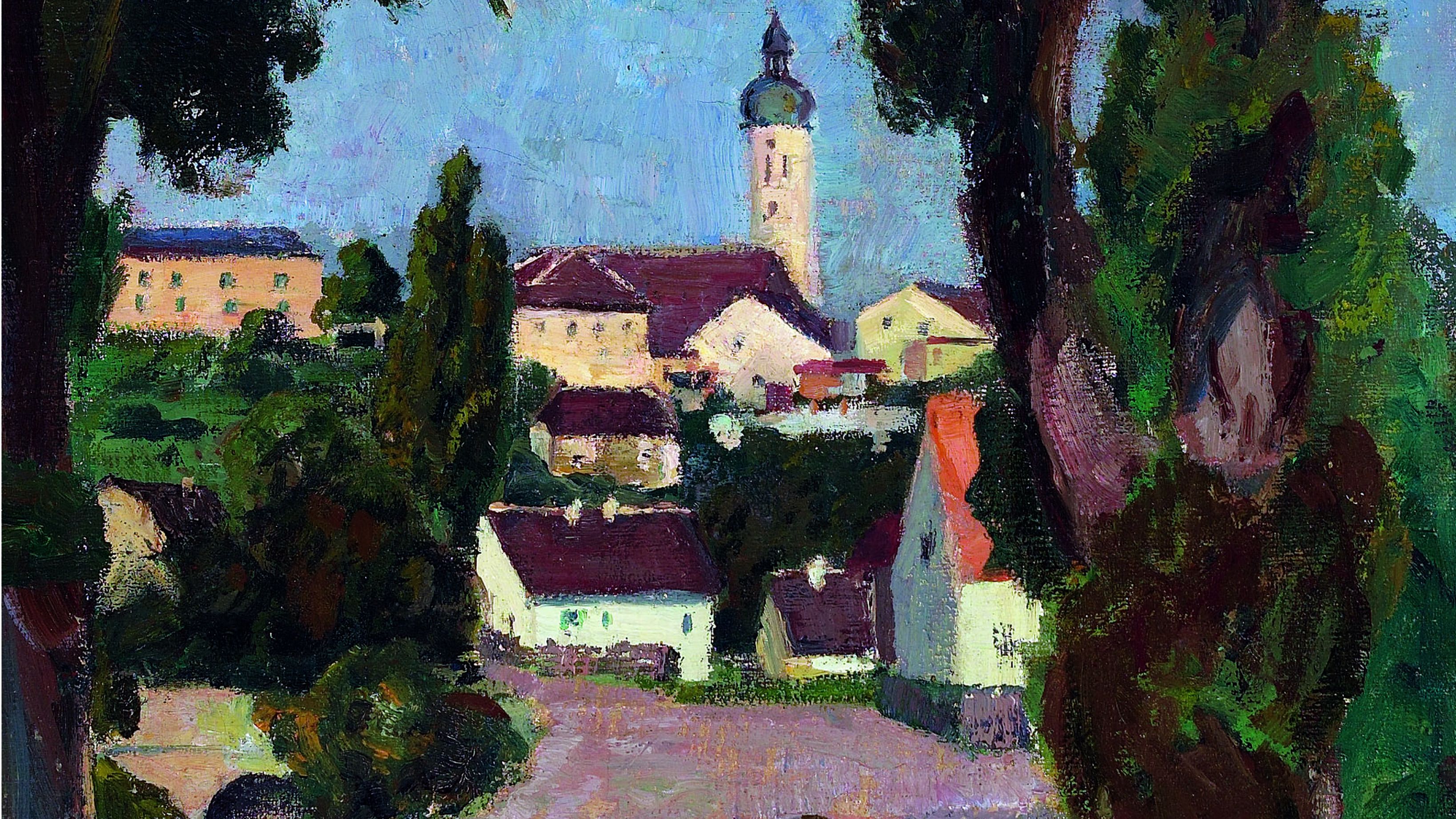 Gemälde von Liliiy Hildebrandt-Uhlmann "Blick auf Dachau vom Unteren Markt" zeigt Dächer und Häuser einer Stadt