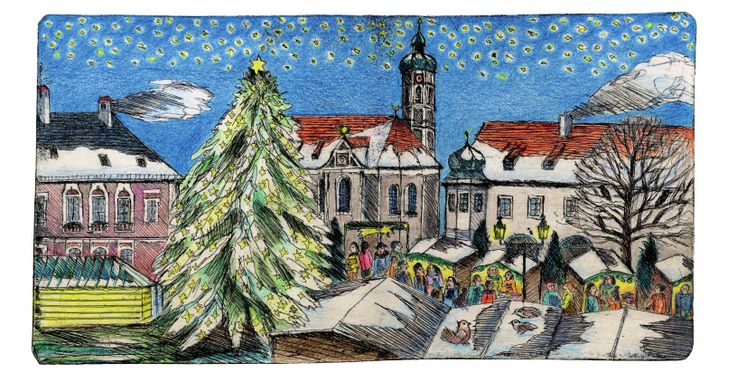 Gemälde der Dachauer Altstadt zu Weihnachten