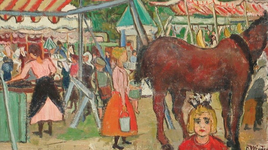 Painting by Paula Wimmer, named "Dachau Funfair" showing people and a horse at the dachau country fair