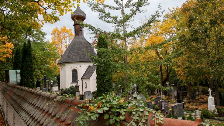 Old cemetery Dachau: Chapel and graves under big trees with fall leef colours. Photo: City of Dachau
