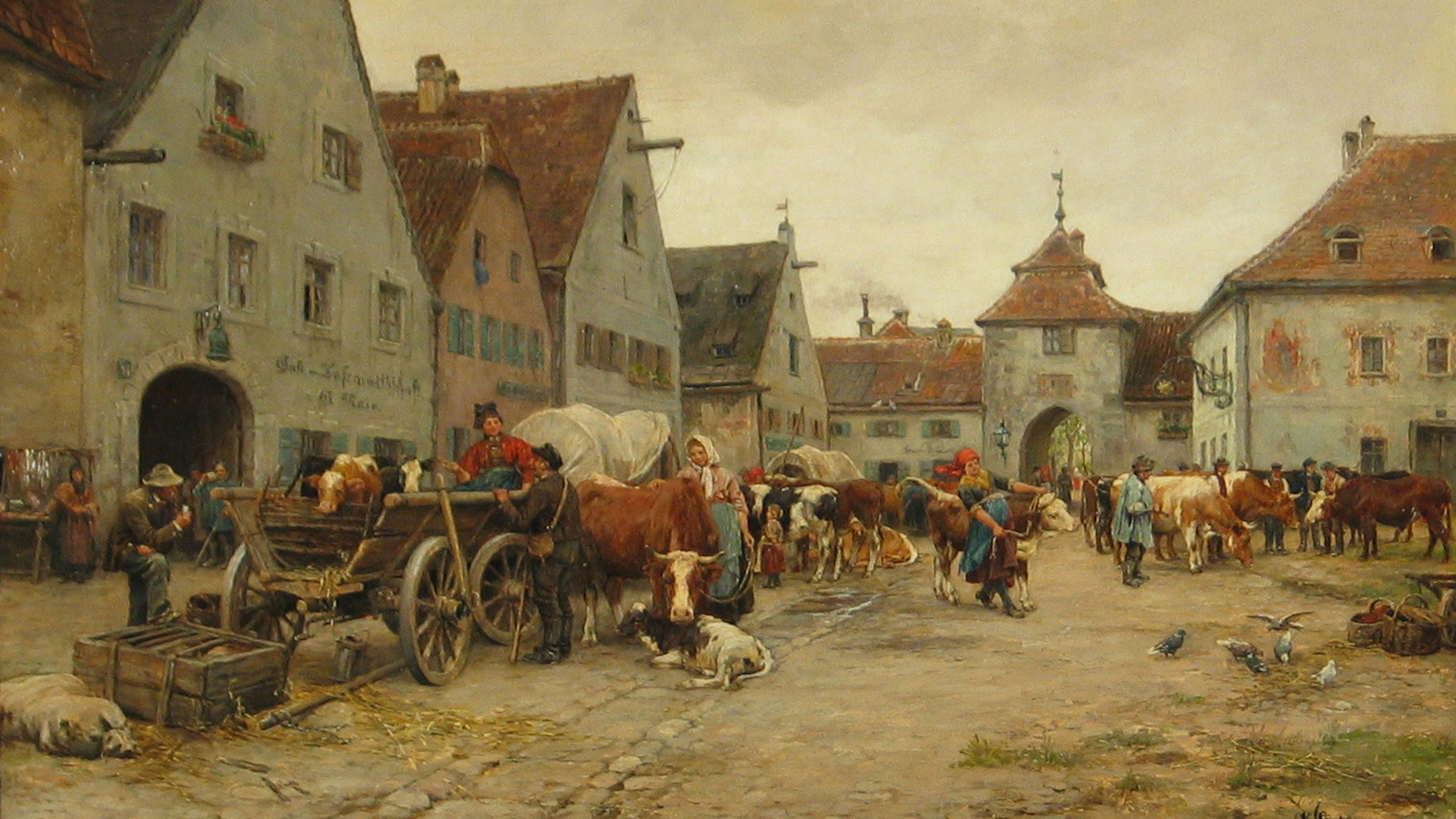Ölgemälde von Karl Stuhlmüller "Unterbräu mit Augsburger Tor" zeigt eine Straße mit Fuhrwerken und Rindern