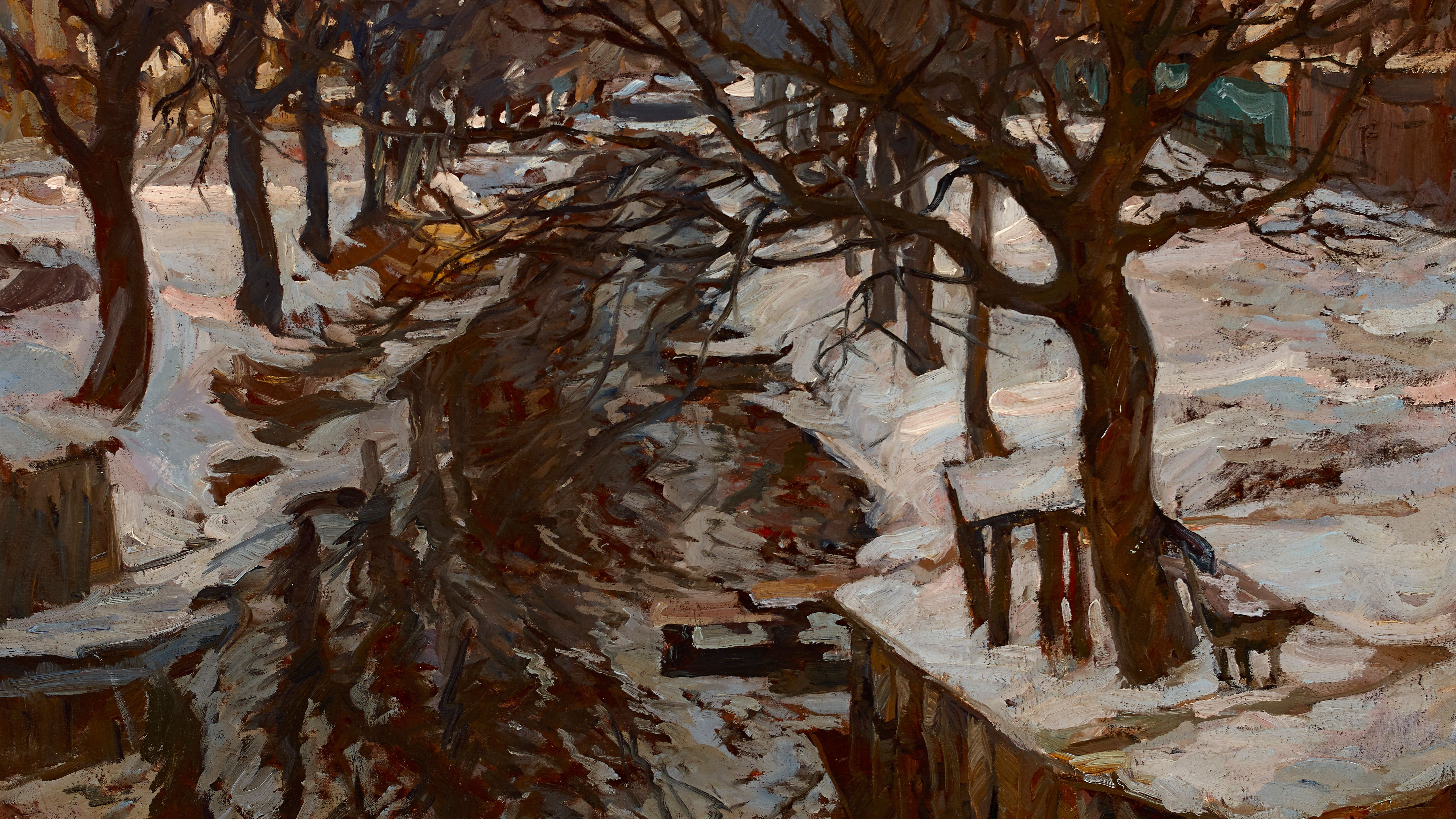 Öl-Gemälde von Hans von Hayek "Schleißheimer Kanal im Winter" zeigt einen Kanal mit kahlen Bäumen im Schnee