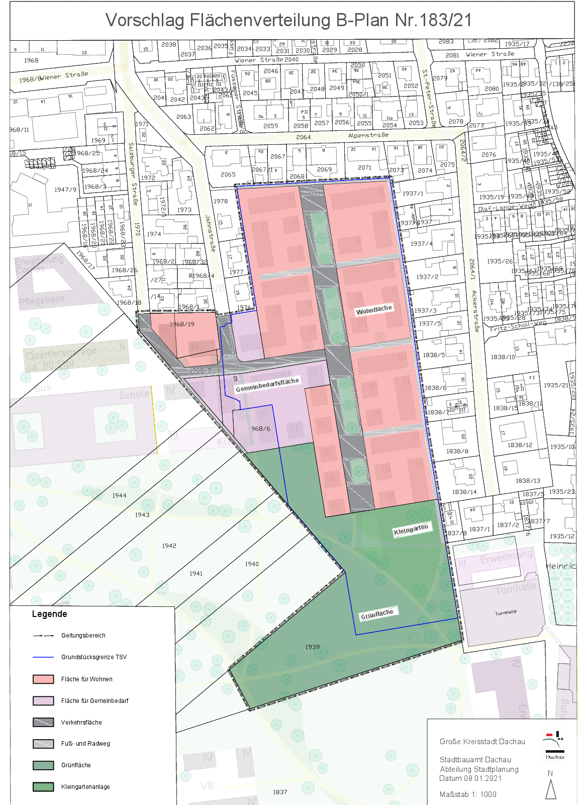 Abbildung des Vorschlags zur Flächenverteilung (Flur 183/21) mit Auszeichnung der Wohn-, Gewerbe- und Grünflächen