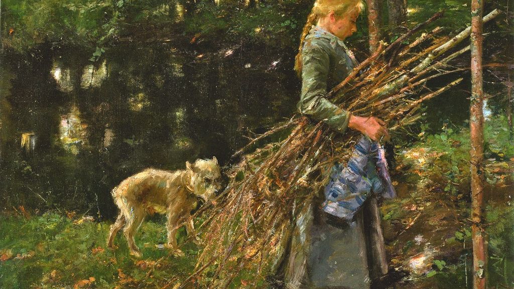 Oilpainting by Arthur Langhammer, girl with bundle of brushwood, accompanied by a small dog.