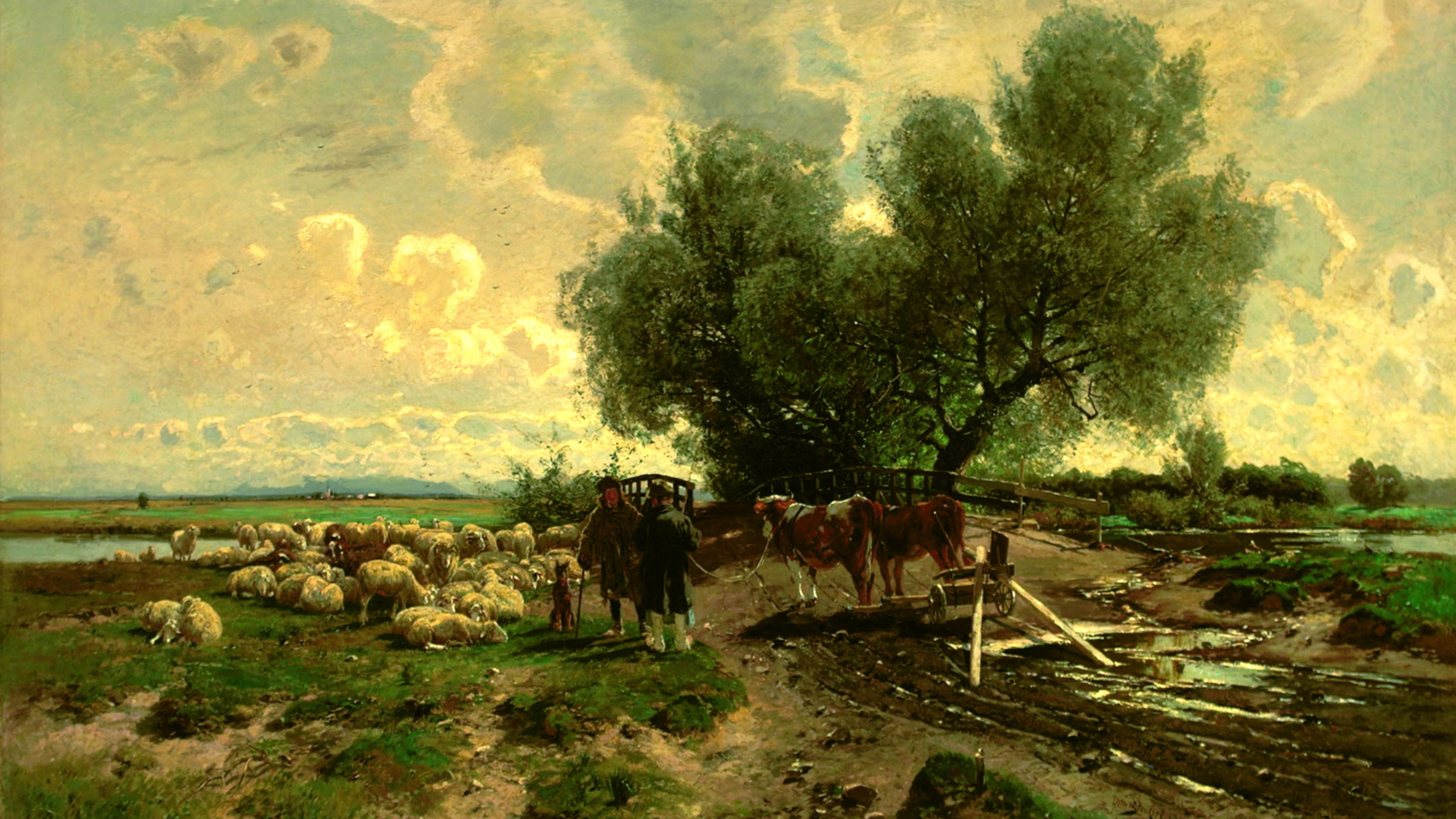 Painting by Otto Strützel, "Amper bridge near Mitterndorf" shows shepherd with herd of sheep and farmer with 2 cattle at wooden bridge over the river Amper
