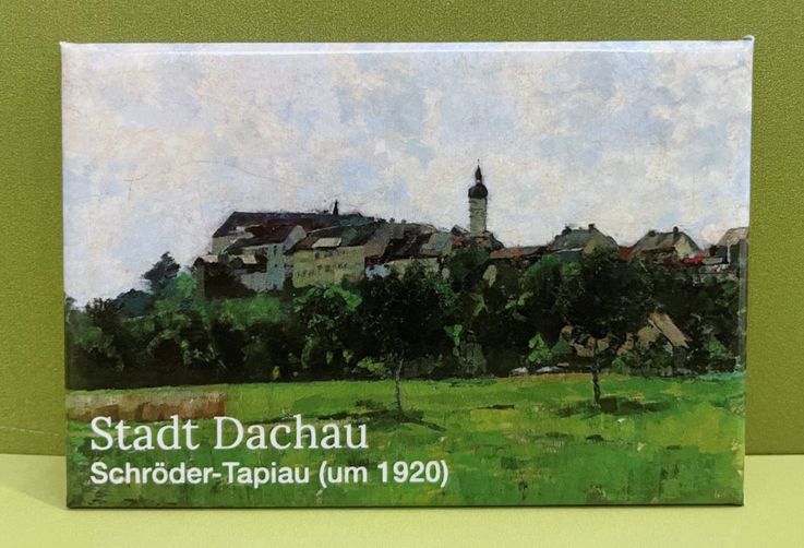 Souvenir der Stadt Dachau, Magnet mit Ölgemälde das die Dachauer Altstadt um 1920 zeigt.