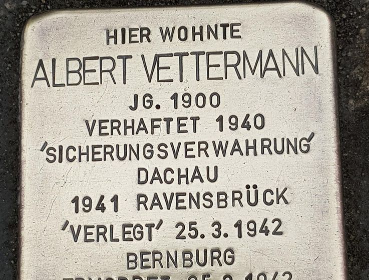 Newly laid memorial stone, the so-called Stumbling Stone in memory of Albert Vettermann