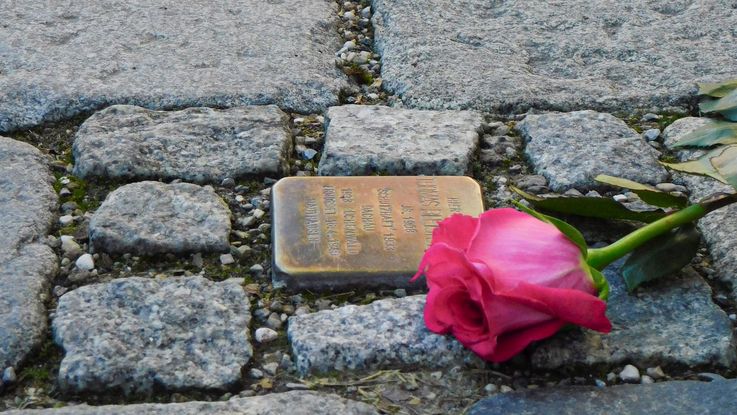 Kopfsteinpflaster mit Stolperstein in Dachau mit Rose