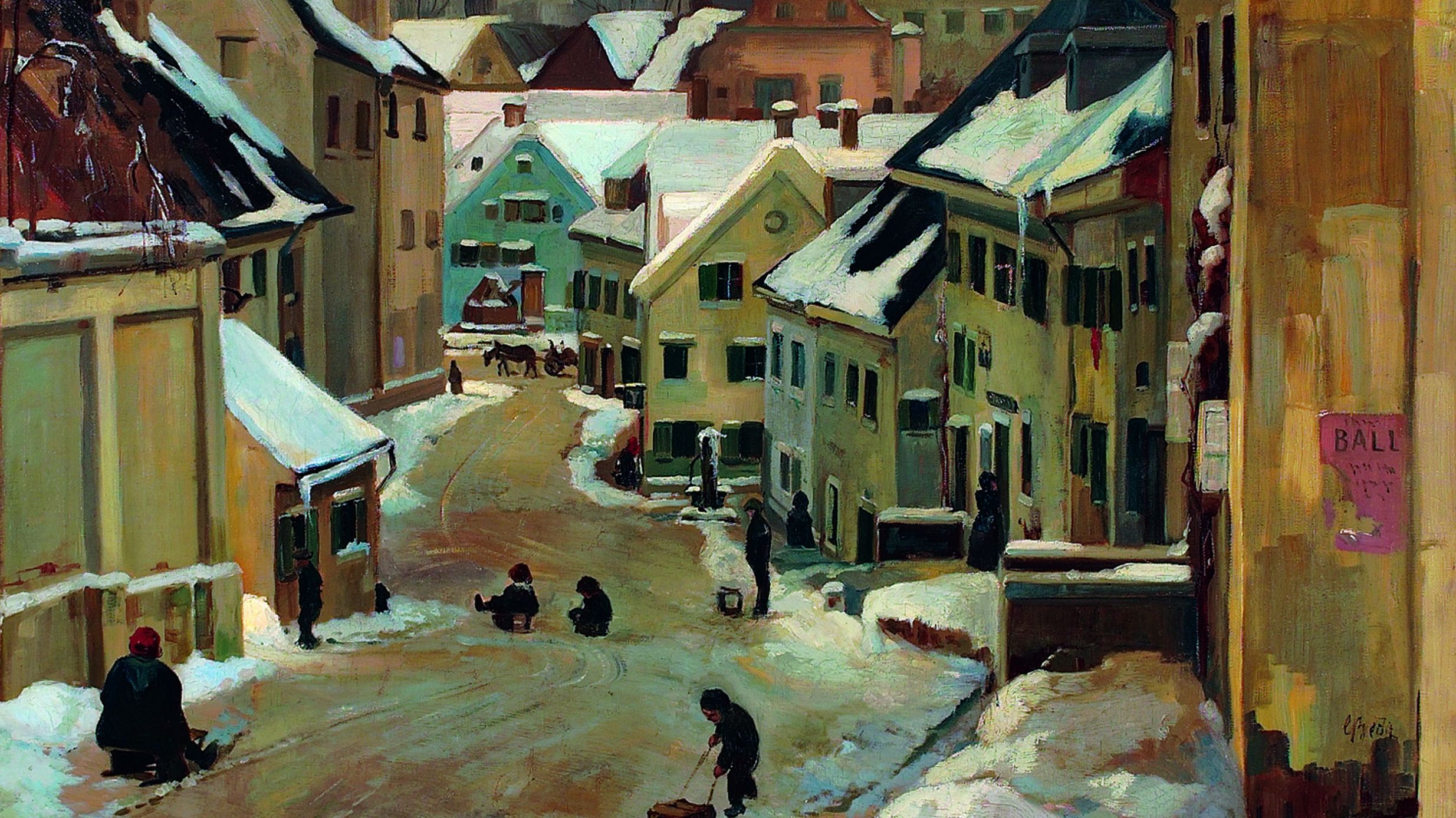 Ölgemälde von Giulio Beda "Wieninger Straße im Winter" zeigt eine verschneite Straße mit spielenden Kindern