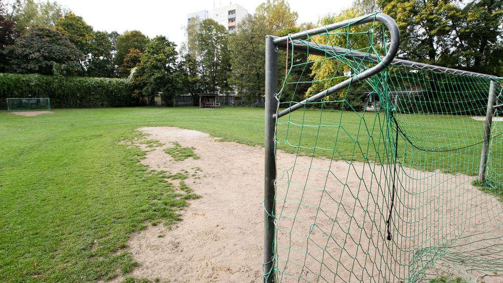 Tor mit grünem Gitternetz und Bolzwiese