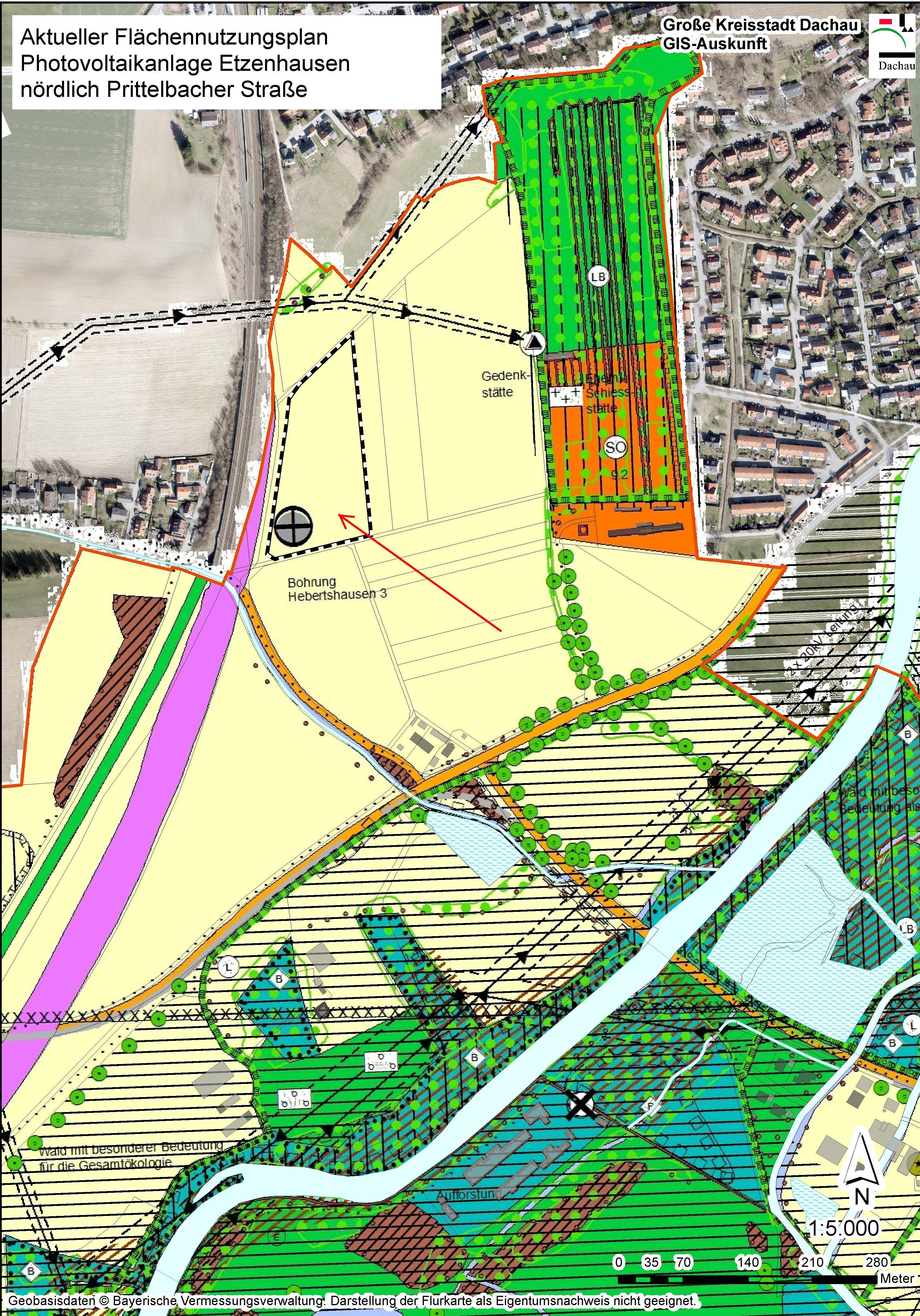 Mehrfarbiger Ausschnitt des Stadtplans, der den Ort der geplanten Freiflächenphotovoltaikanlage anzeigt