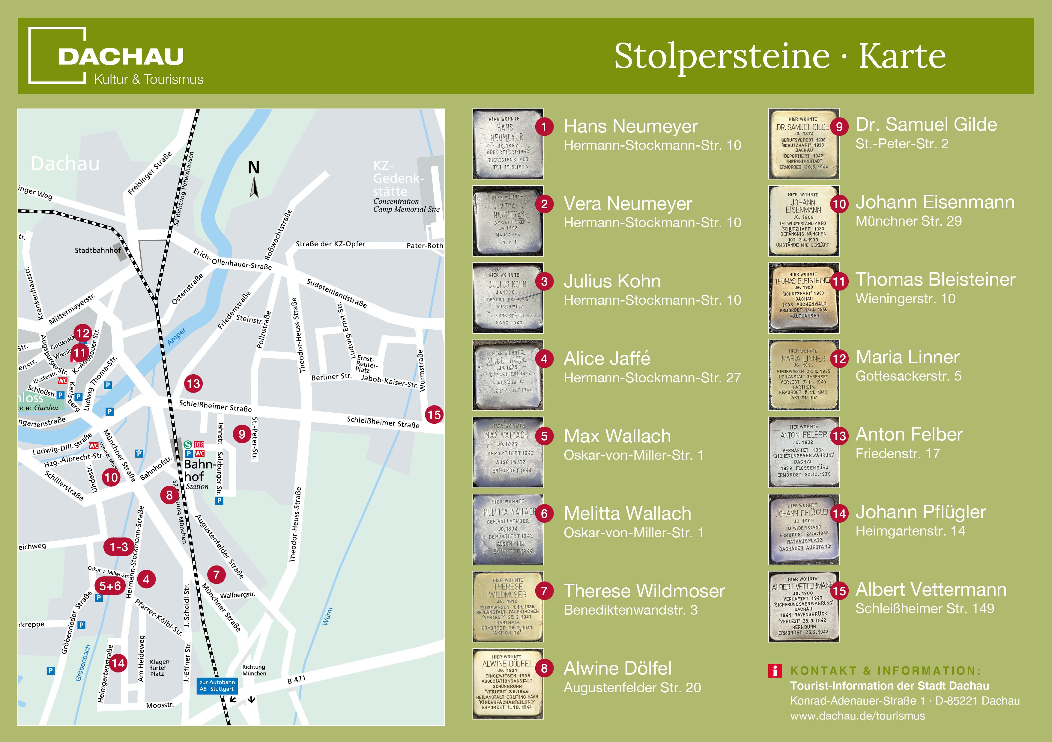 Stadtplan von Dachau mit allen in Dachau verlegten Stolpersteinen.