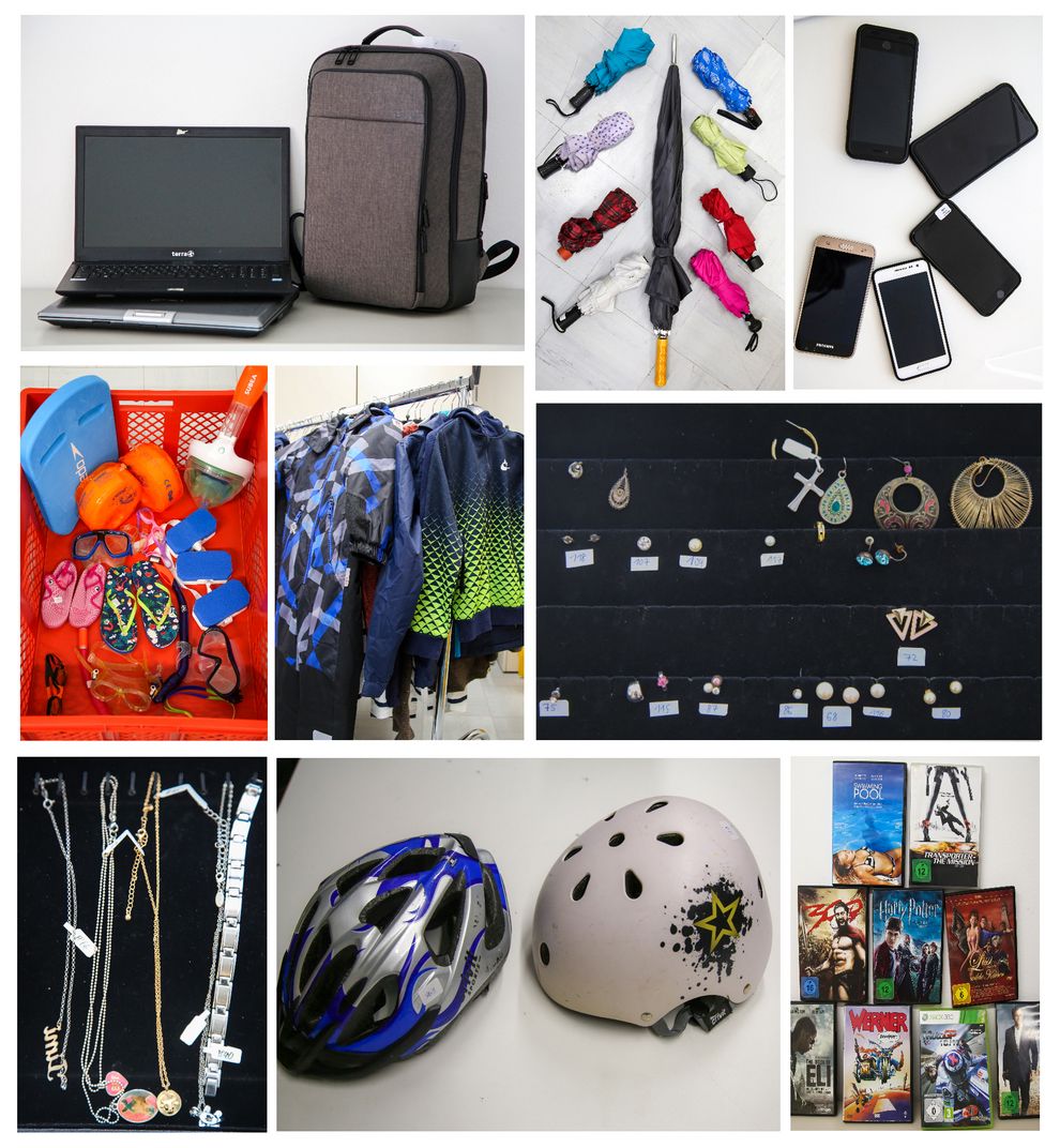 Beispielhafte Darstellung von Fundsachen: Laptop, Regenschirme, Handys, Schmuck, Fahrradhelme und Computerspiele