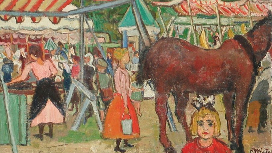 Gemälde von Paula Wimmer, "Volksfest in Dachau", Volksfestbuden, Menschen, ein Pferd und im Vordergund ein Mädchen