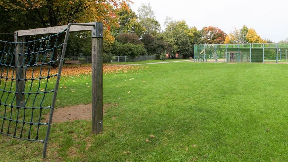 Sportplatz im Grünen mit zwei Toren und einer Zuschauertribüne