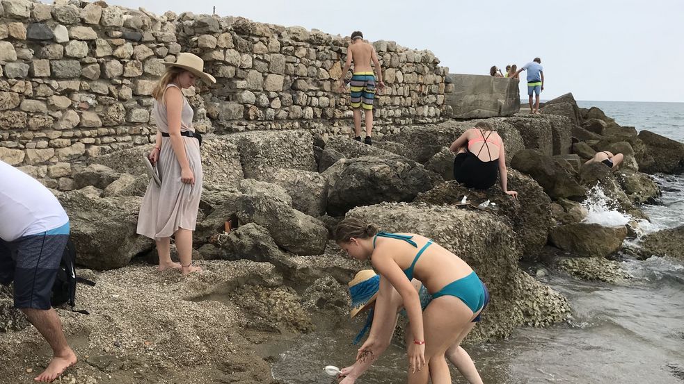 Jugendliche am Steinstrand beim Krebse und Muscheln suchen