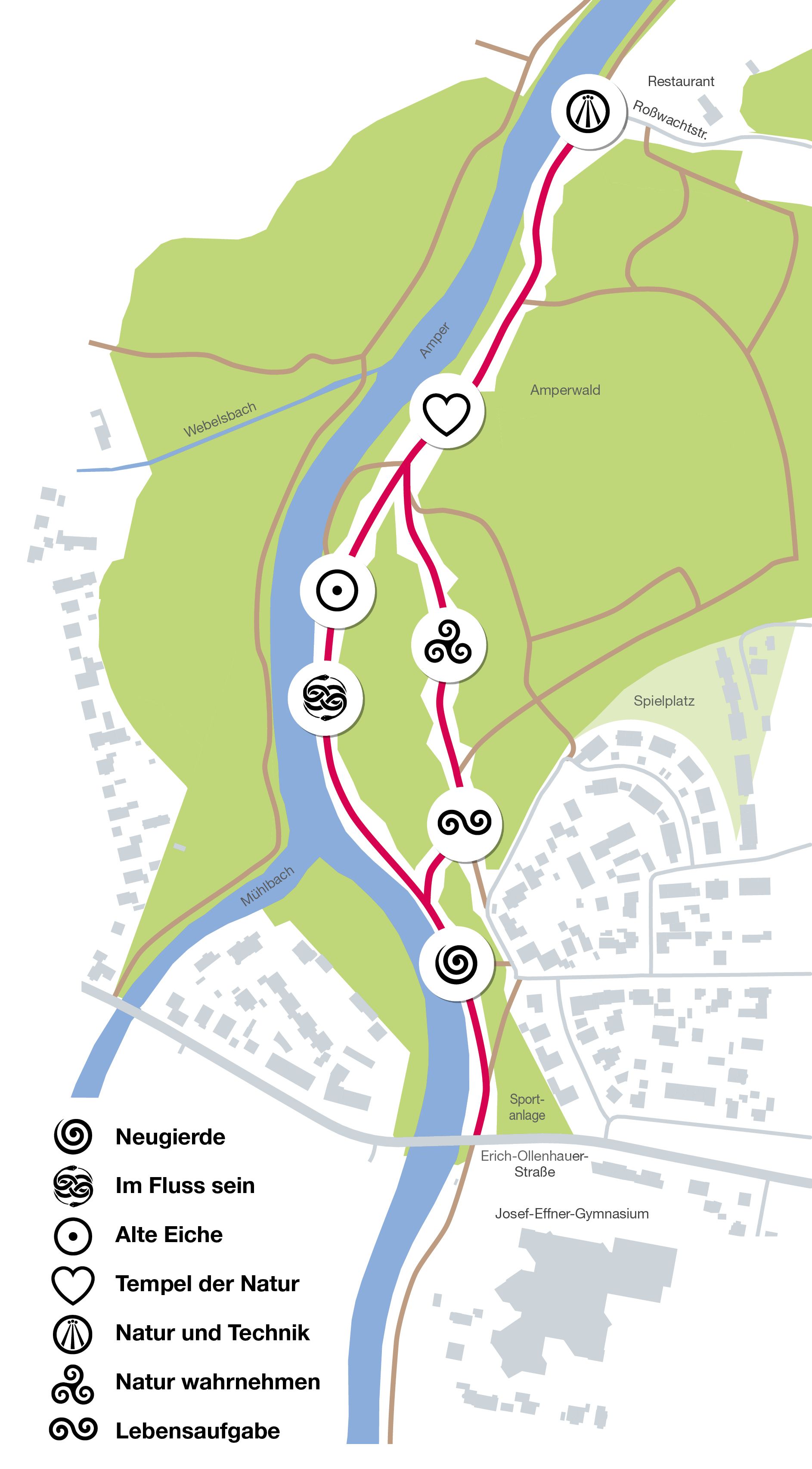 Lageplan Stadtoasen mit den Stationen Neugierde, im Fluss sein, alte Eiche, Tempel der Natur, Natur und Technik, Natur wahrnehmen, Lebensaufgabe