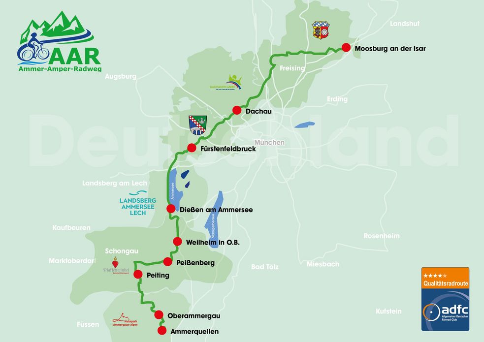 Routenverlauf des Ammer-Amper-Radwegs grob skizziert mit Logo des Ammer-Amper-Radwegs und ADFC 4 Sterne-Zertifizierung