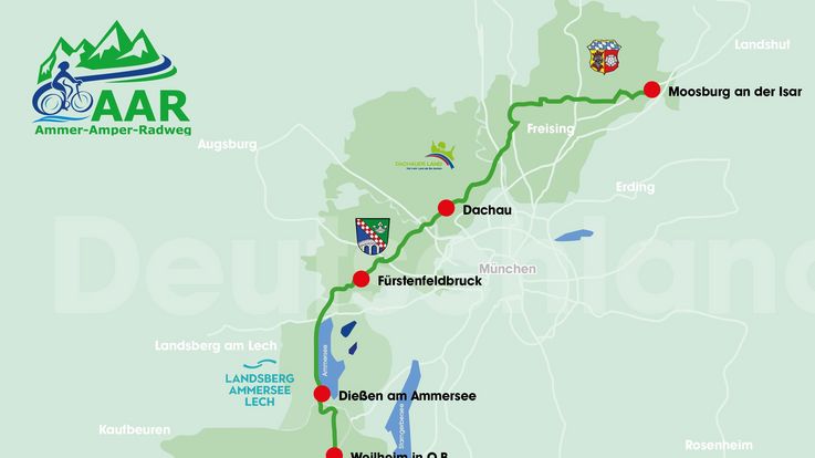 Routenverlauf des Ammer-Amper-Radwegs grob skizziert mit Logo des Ammer-Amper-Radwegs und ADFC 4 Sterne-Zertifizierung