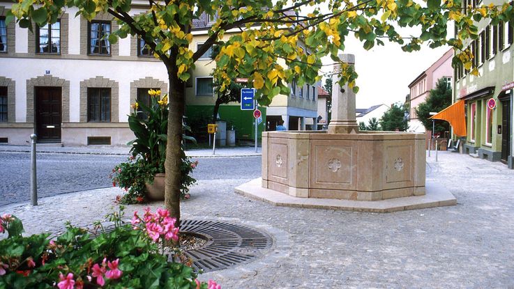 Rossmarktbrunnen in der Dachauer Altstadt, umgeben von Bäumen und bunten Häuserfassaden