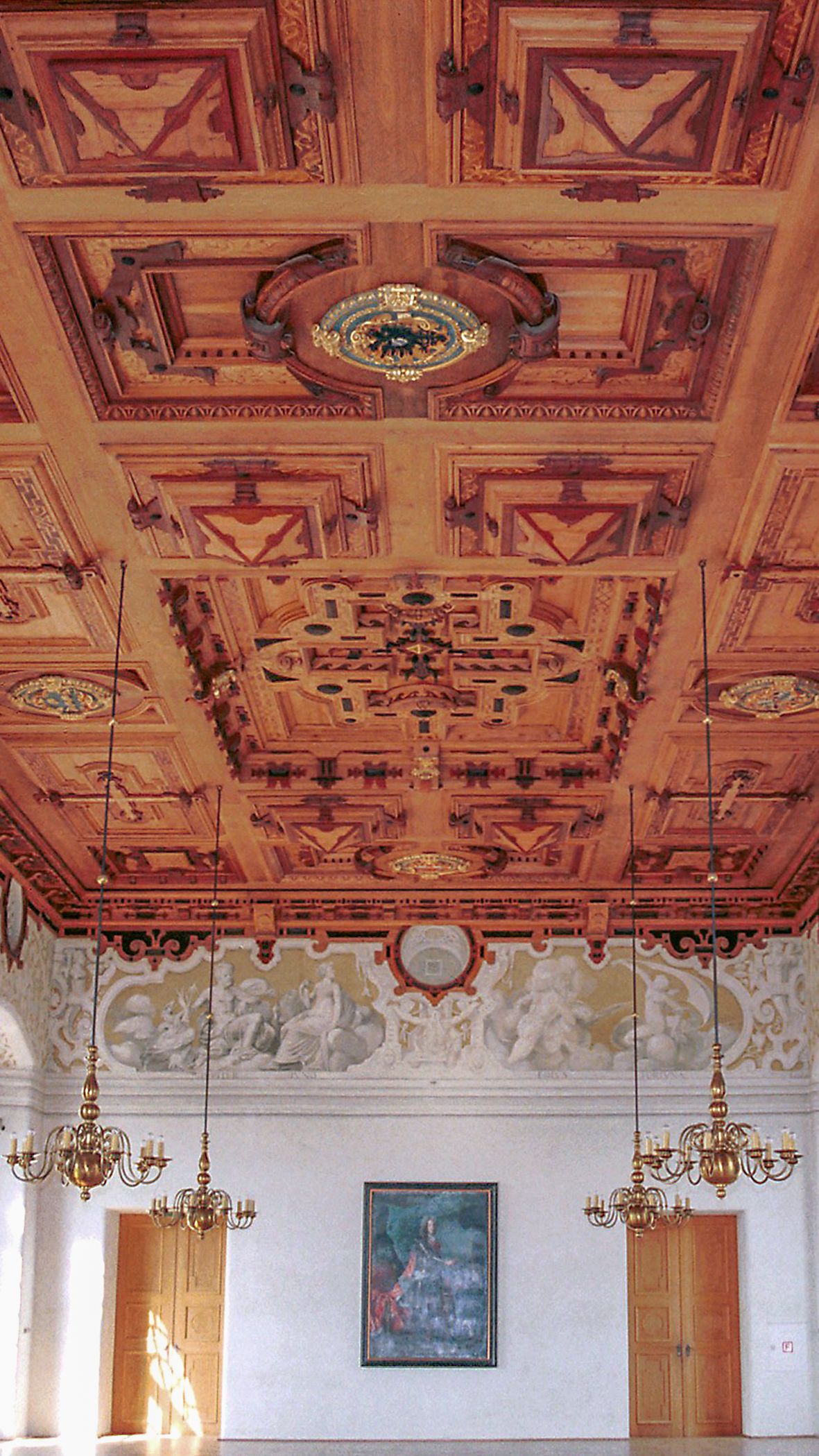 Renaissance wooden coffered ceiling in the hall of the Dachau Palace