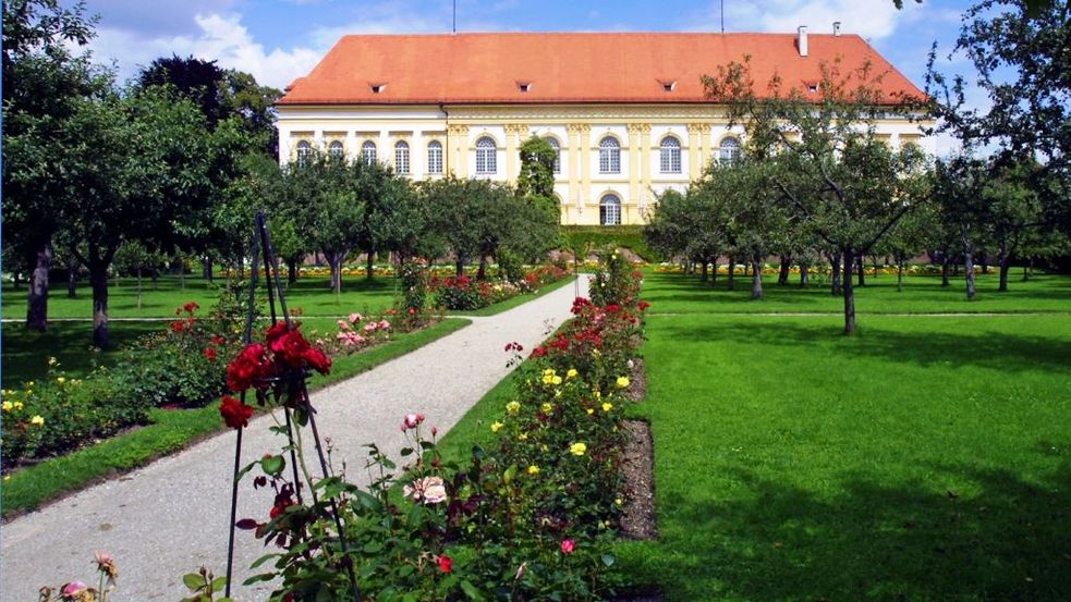 Schloss Dachau im Sommer, Hofgarten mit Weg und Rosen