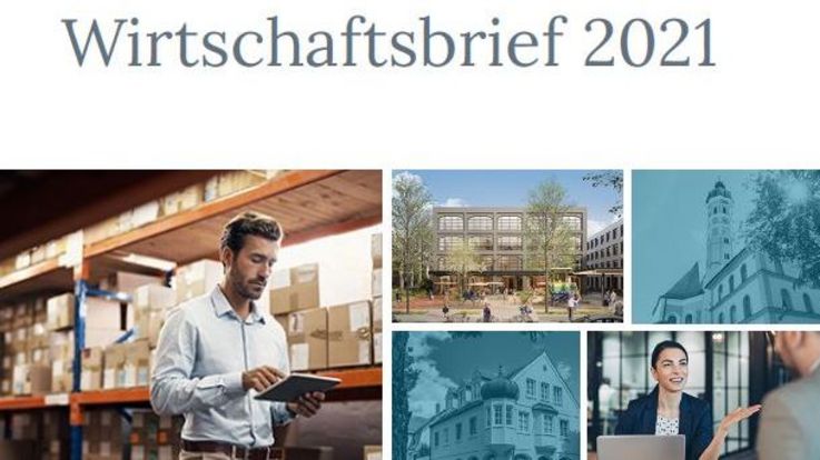 Titelseite der Broschüre "Wirtschaftsbrief 2021 - Der Rückblick auf das Wirtschaftsjahr 2021" aus einer Collage bestehend mit verschiedenen Bilder der Stadt Dachau