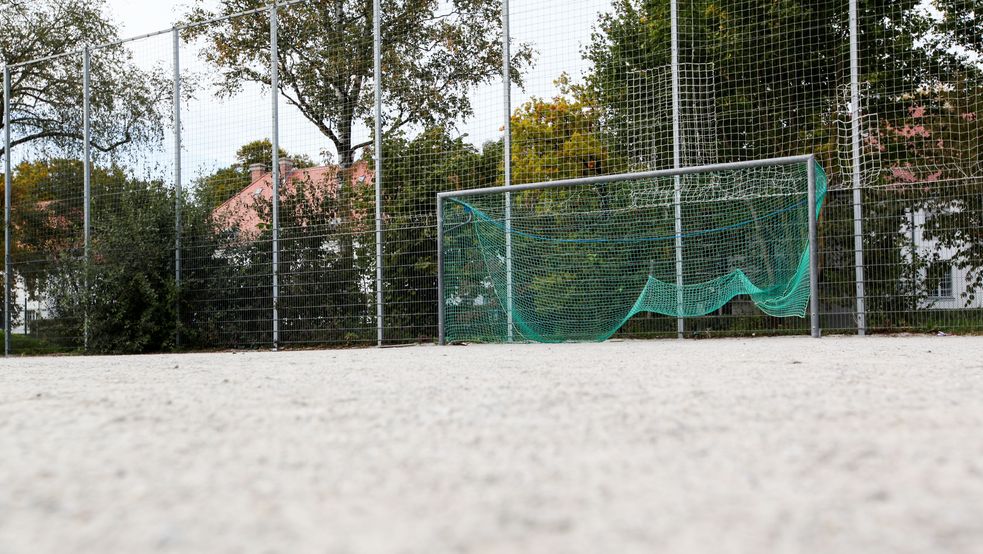 Spielfeld und Tor mit Abgrenzung und Bäume im Hintergrund