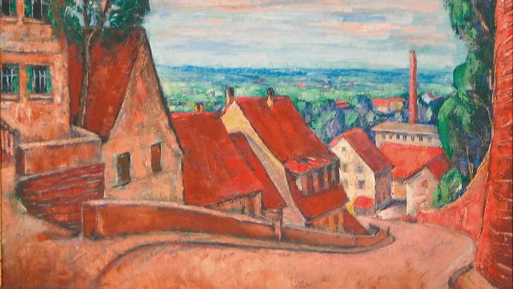 Oil painting by Jean Lehmann, reddish colored view Dachauer Karlsberg