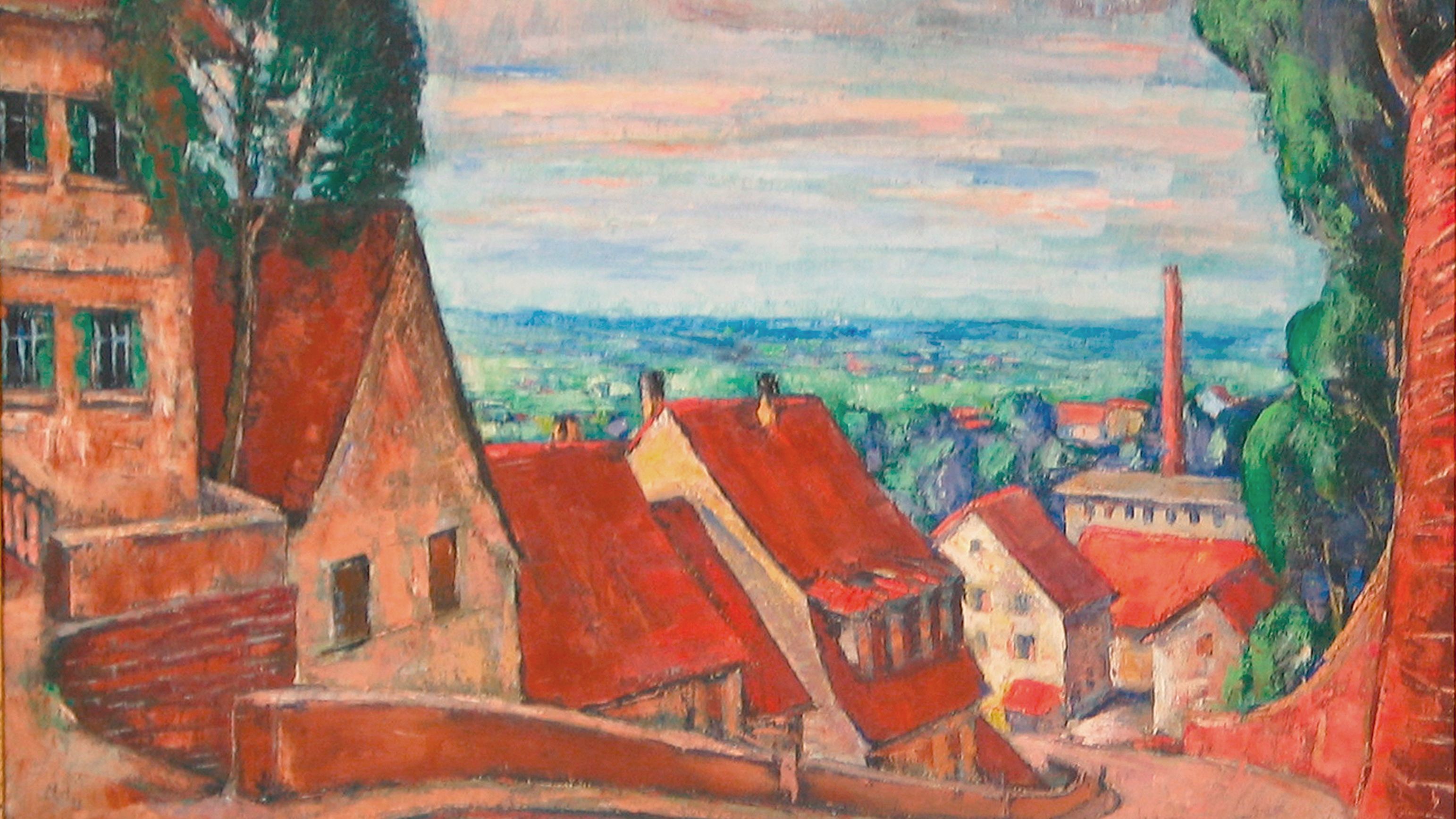 Oil painting by Jean Lehmann, reddish colored view Dachauer Karlsberg