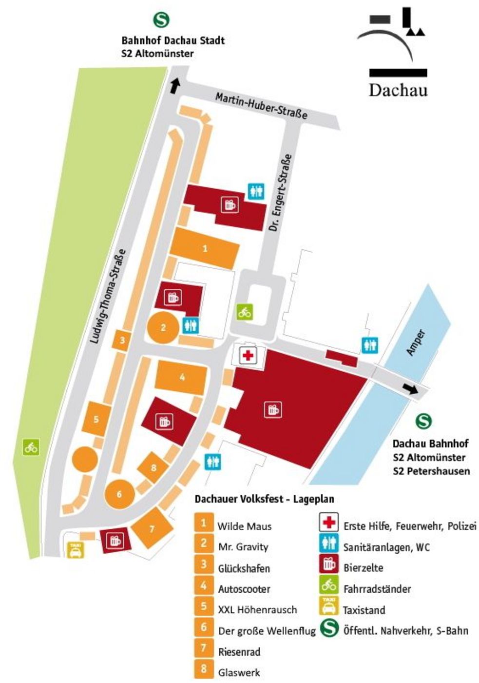 Übersichtsplan der Anordnung von Festzelten und Schausteller auf dem Dachauer Volksfest