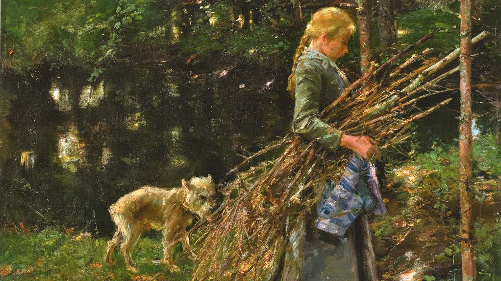 Ölgemälde von Arthur Langhammer, Mädchen mit Reisigbündel, dahinter ein kleiner Hund