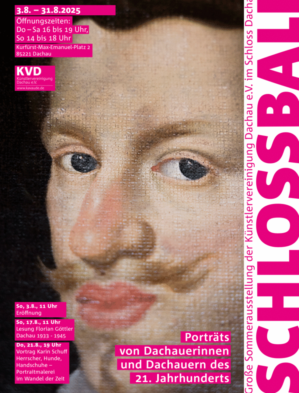 Plakat der Ausstellung "Schlossball" der Künstlervereinigung Dachau, darauf zu sehen ein historisches Portrait im Anschnitt, das mit einem Auge zwinkert.