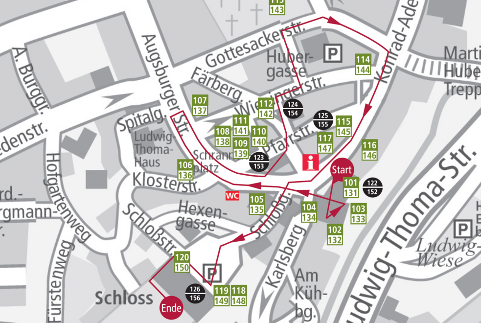 Stadtplan Dachau mit Markierungen für Stationen Handy-Guide