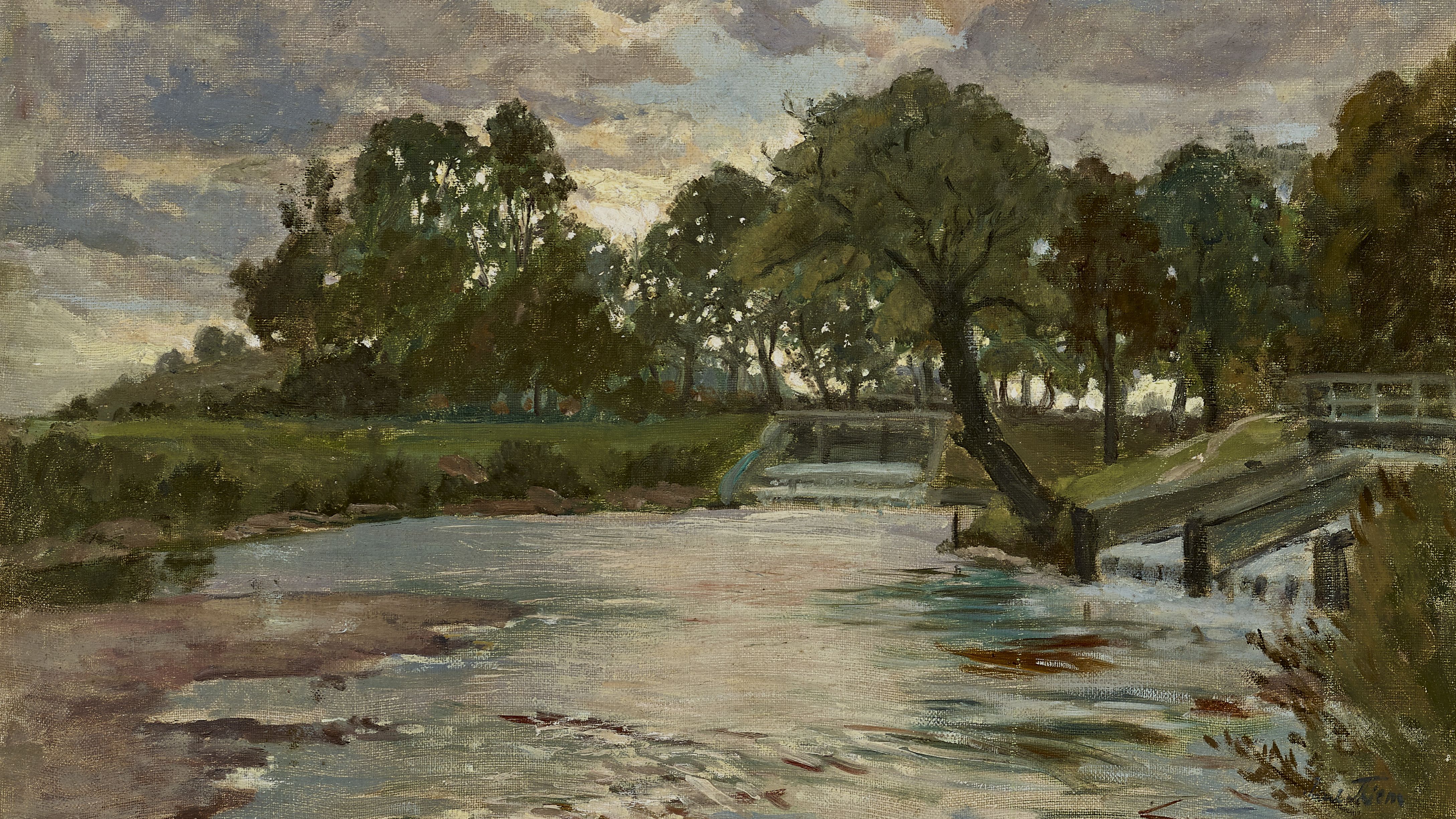 Ölgemälde von Paul Thiem, "Abend an der Schleuse", zeigt Flussauen der Amper