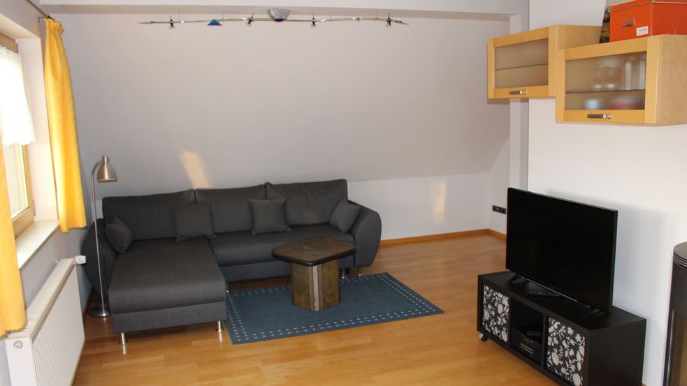 Wohnzimmer der Ferienwohnung Knauschner in Dachau, Couch und Fernseh-Gerät