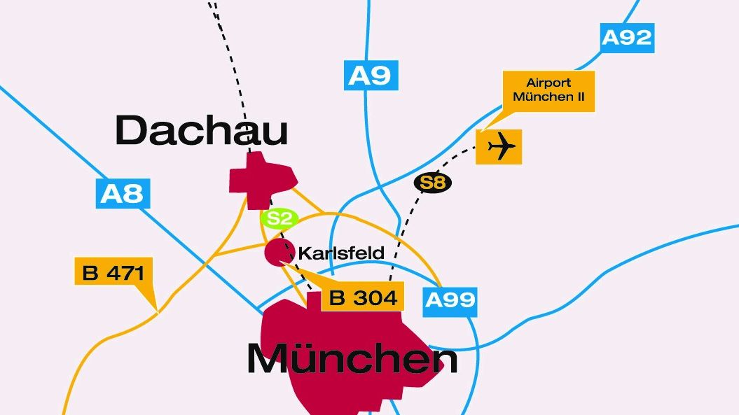 Lageplan Dachau mit München und Autobahnanbindung