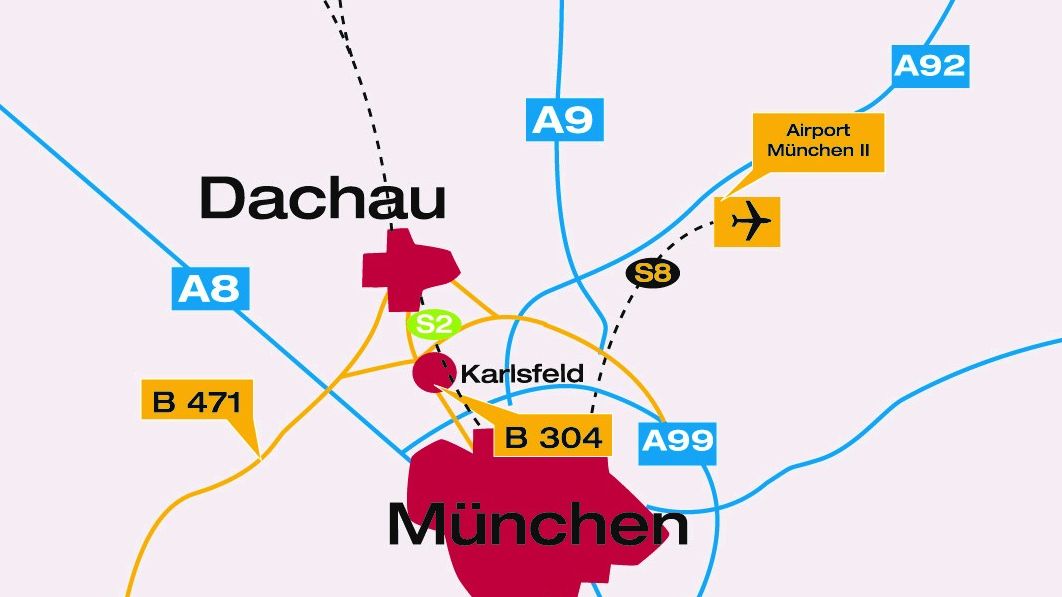 Location map of Dachau with Munich and highway connection