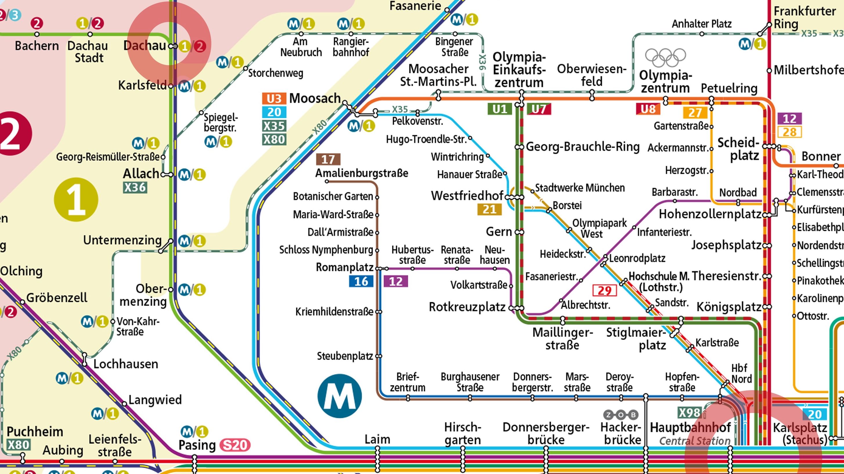Overview map of public transport in the Munich area and Dachau
