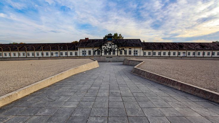 Photo of Concentration Camp Memorial Site Dachau, building complex and sculprure International Memorial, photo: City of Dachau