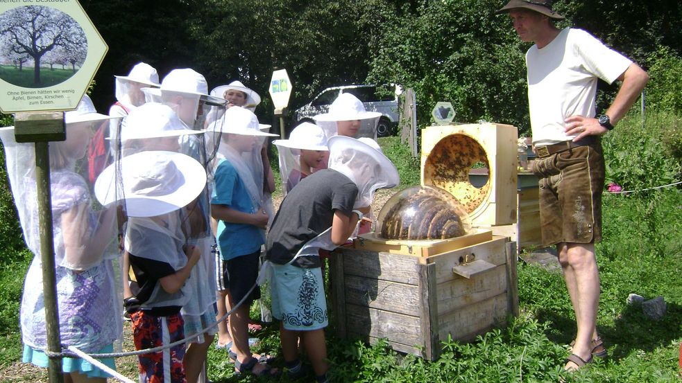 Kinder mit dem Imker vor der Bienenkugel