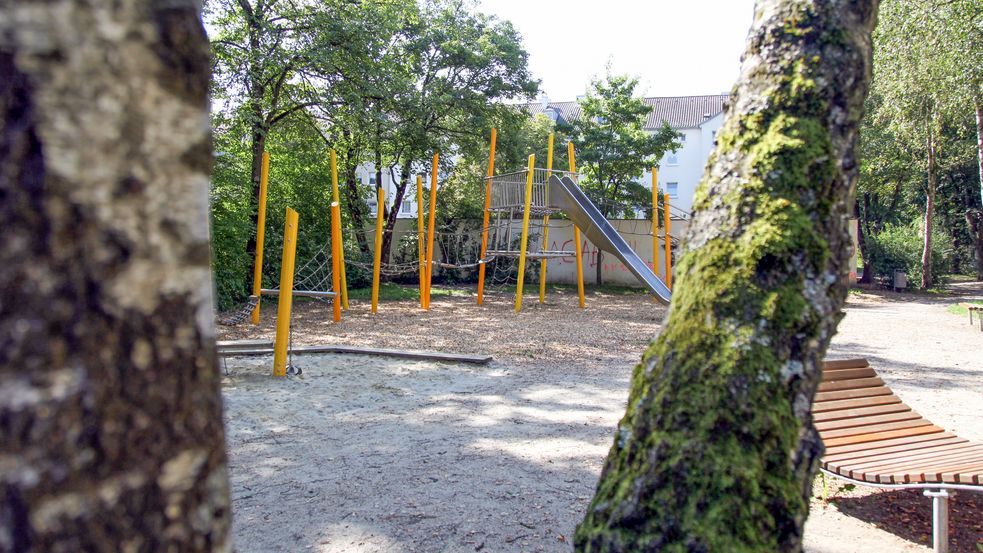 Blick durch 2 Bamstämme auf einen Hänge Parkour, Rutsche und einer Liege