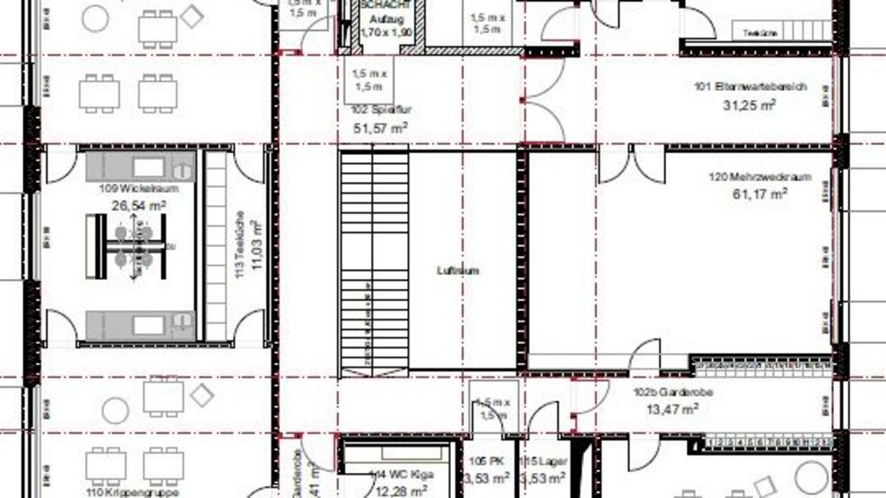 Planansicht des ersten Obergeschosses der Kita an der Pollnstraße 5