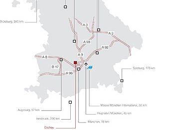 Lageplan mit Autobahnen zu und von Dachau
