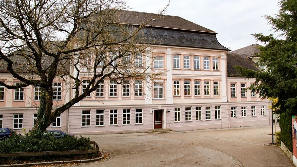 Schulgebäude mit Baum auf dem Vorplatz