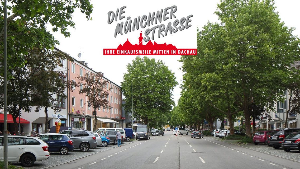 Logo Die Münchner Straße - Ihre Einkaufsmeile mitten in Dachau mit Blick auf eine lange Straße