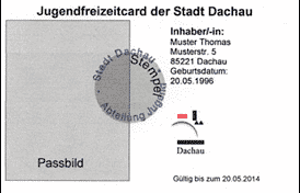 Muster der Jugendfreizeitkarte Dachau mit Angaben zum Besitzer, Passbild und Stempel der Stadt