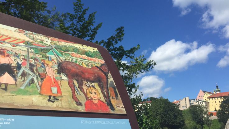 Gemälde von Paula Wimmer, "Dachauer Volksfest" vor der Dachauer Altstadtsilhouette