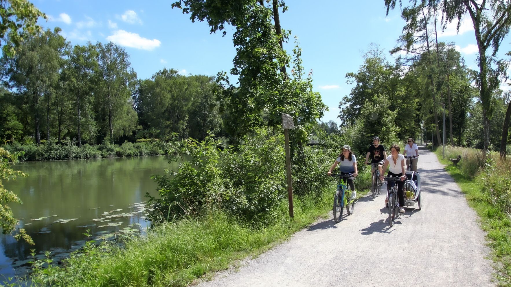 Mehrere Radfahrer radeln an einem sonnigen Sommertag entlang der Amper in Dachau auf dem Ammer-Amper-Radweg.